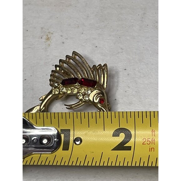 Swordfish Marlin Sailfish Pin Brooch Gold Tone Red Crystal Rhinestones - Picture 3 of 4